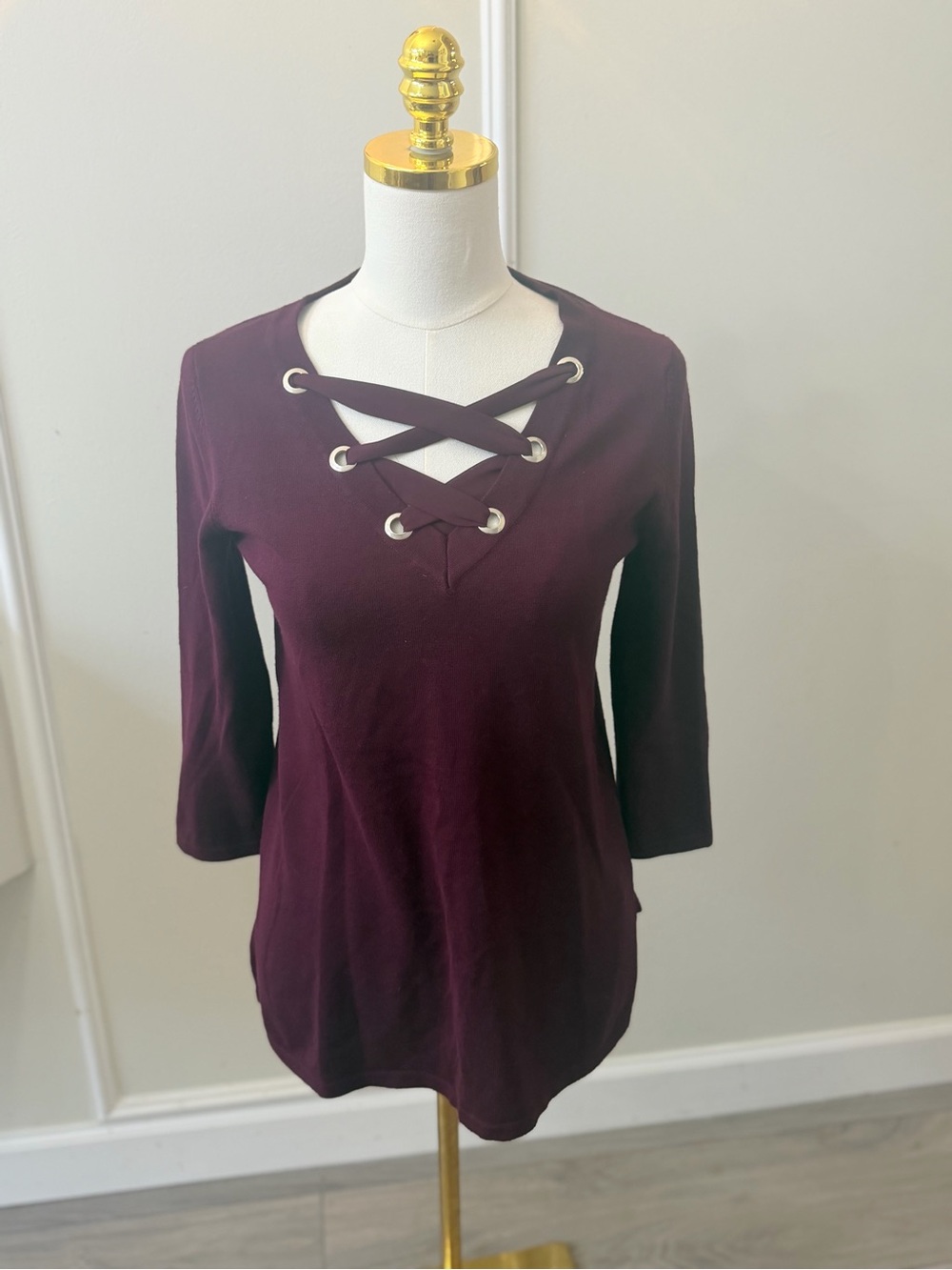 Cable & Gauge Deep Plum Lace-Up V-Neck Long Sleeve Top